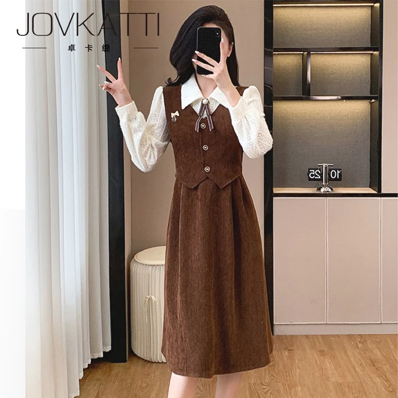 法式学院风POLO领蕾丝拼接假两件连衣裙秋冬新款减龄百搭女装