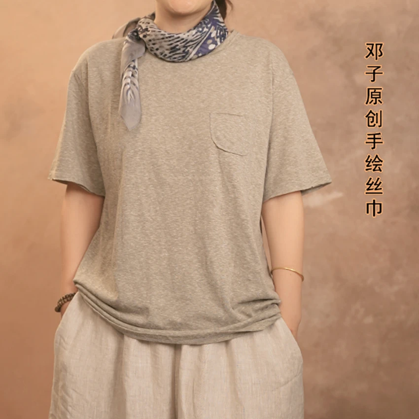 【短袖】夏季新款雪花纹棉混纺亲肤透气舒适文艺百搭精典宽松版