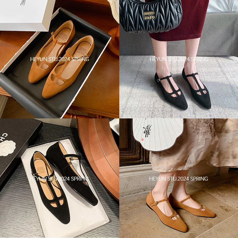 F2022-6/1cm羊反绒复古港风浅口尖头百搭薄款平底春季软真皮单鞋