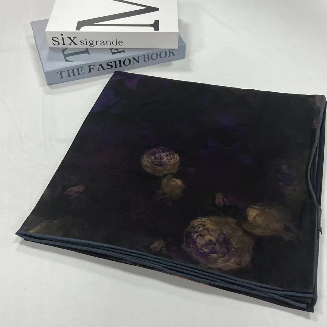 140香云纱方巾-夜莺玫瑰 8y前喷重摊雾135cm丝巾