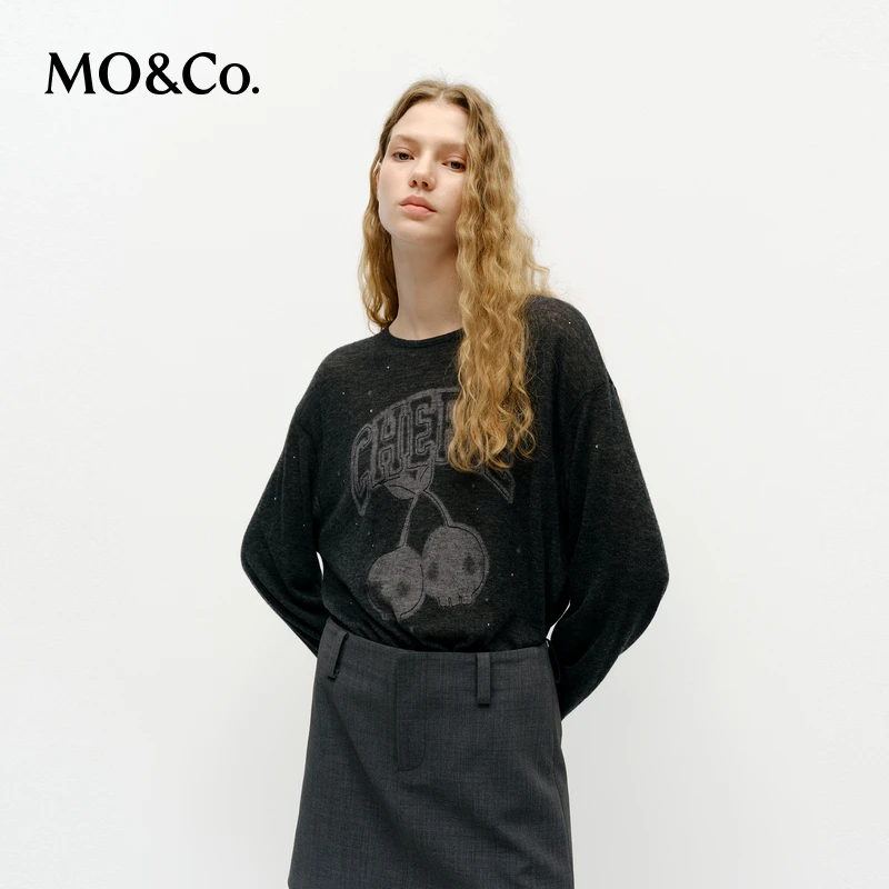 【粉丝专享】MOCO针织衫2025春绵羊毛骷髅头车厘子图案MBE1SWT015