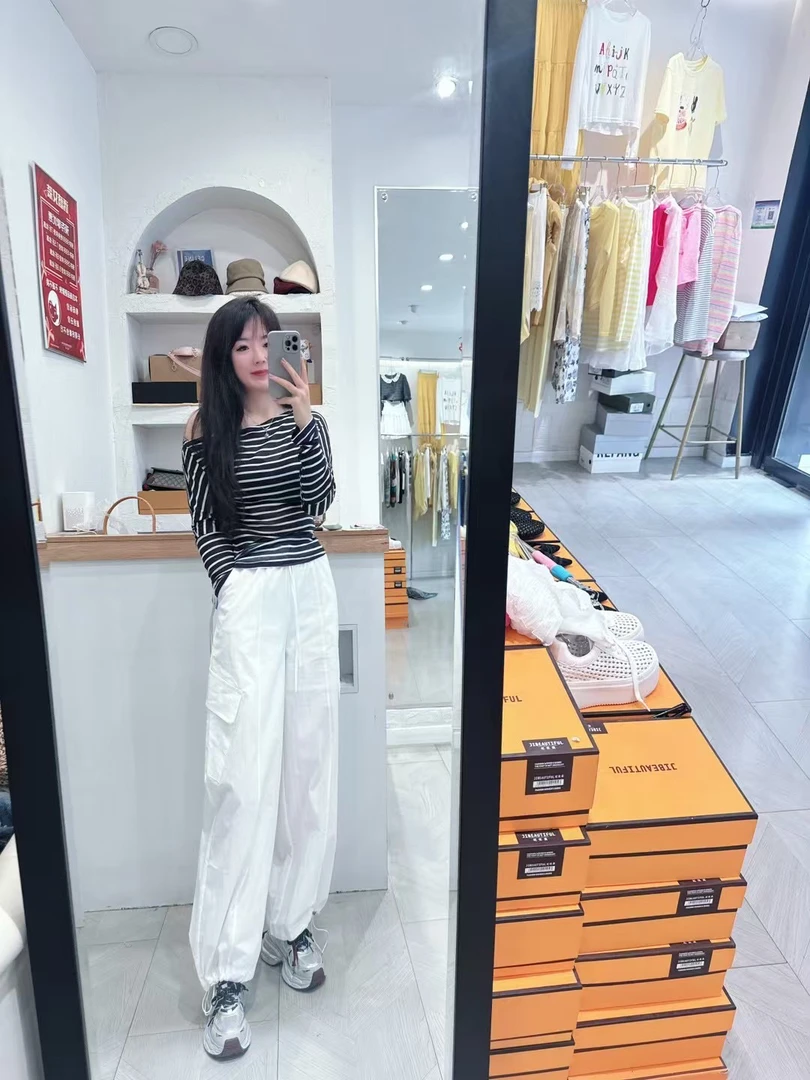 夏季时尚条纹露肩上衣T恤可搭配裤子一套