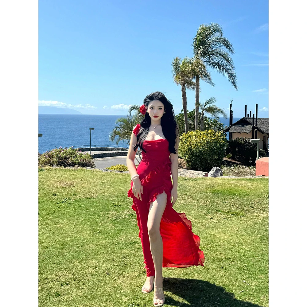 海边度假拍照长裙红色纯欲辣妹吊带连衣裙女夏荷叶边开叉性感裙子