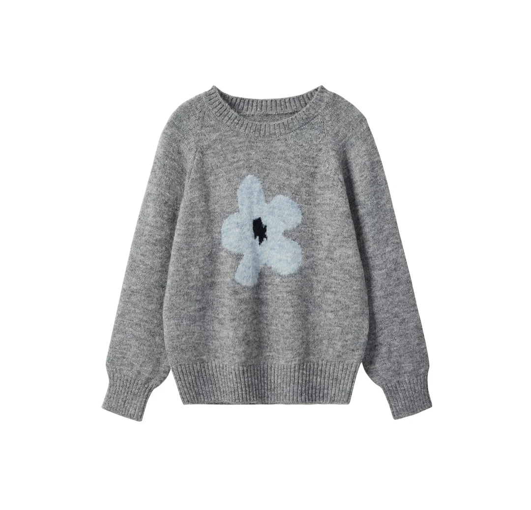 彩色上衣长袖甜美毛针织衫卡通花朵刺绣圆领