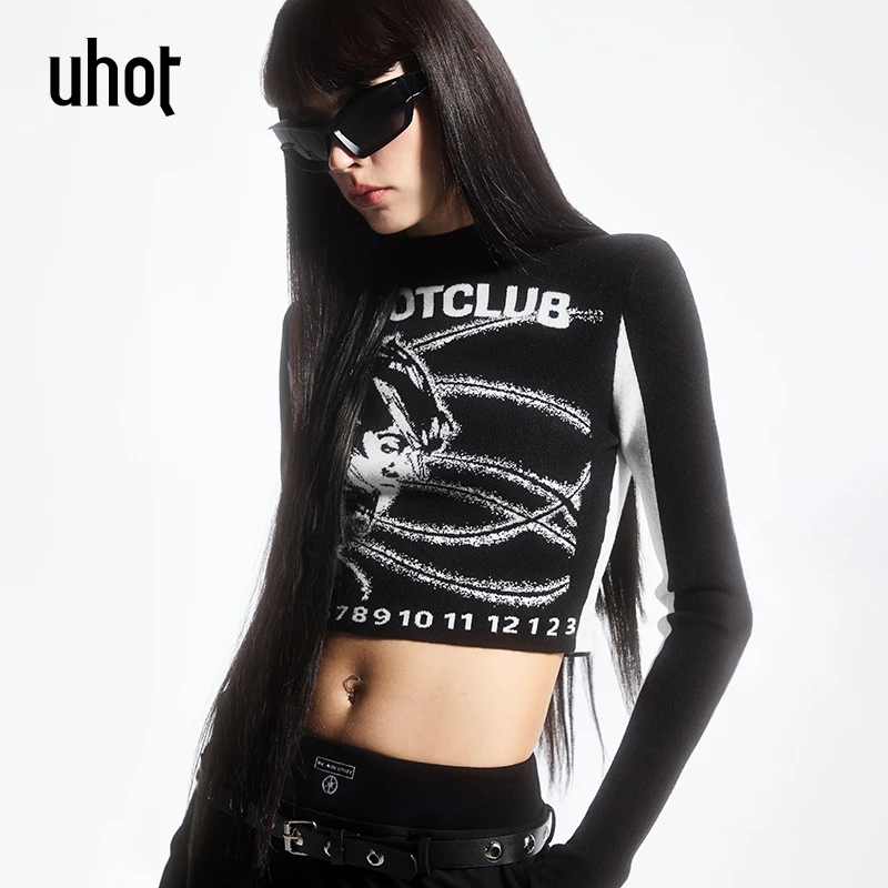 UHOT/诱货黑白色提花修身显瘦秋季高领打底衫女亲肤保暖UWFW2Z110