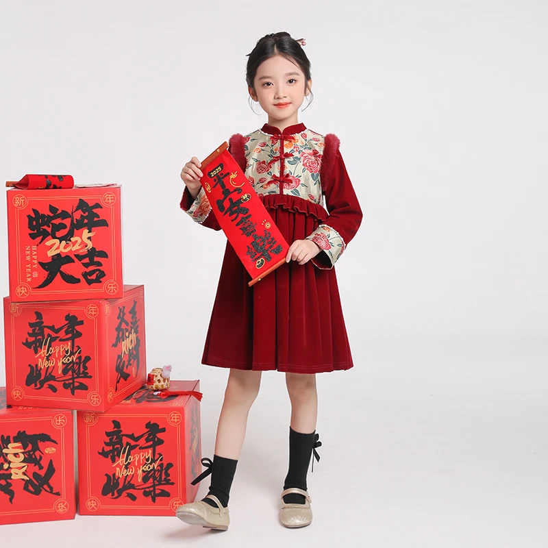 现货女童汉服裙子中国风冬季2025新款周岁礼服新中式连衣裙拜年服