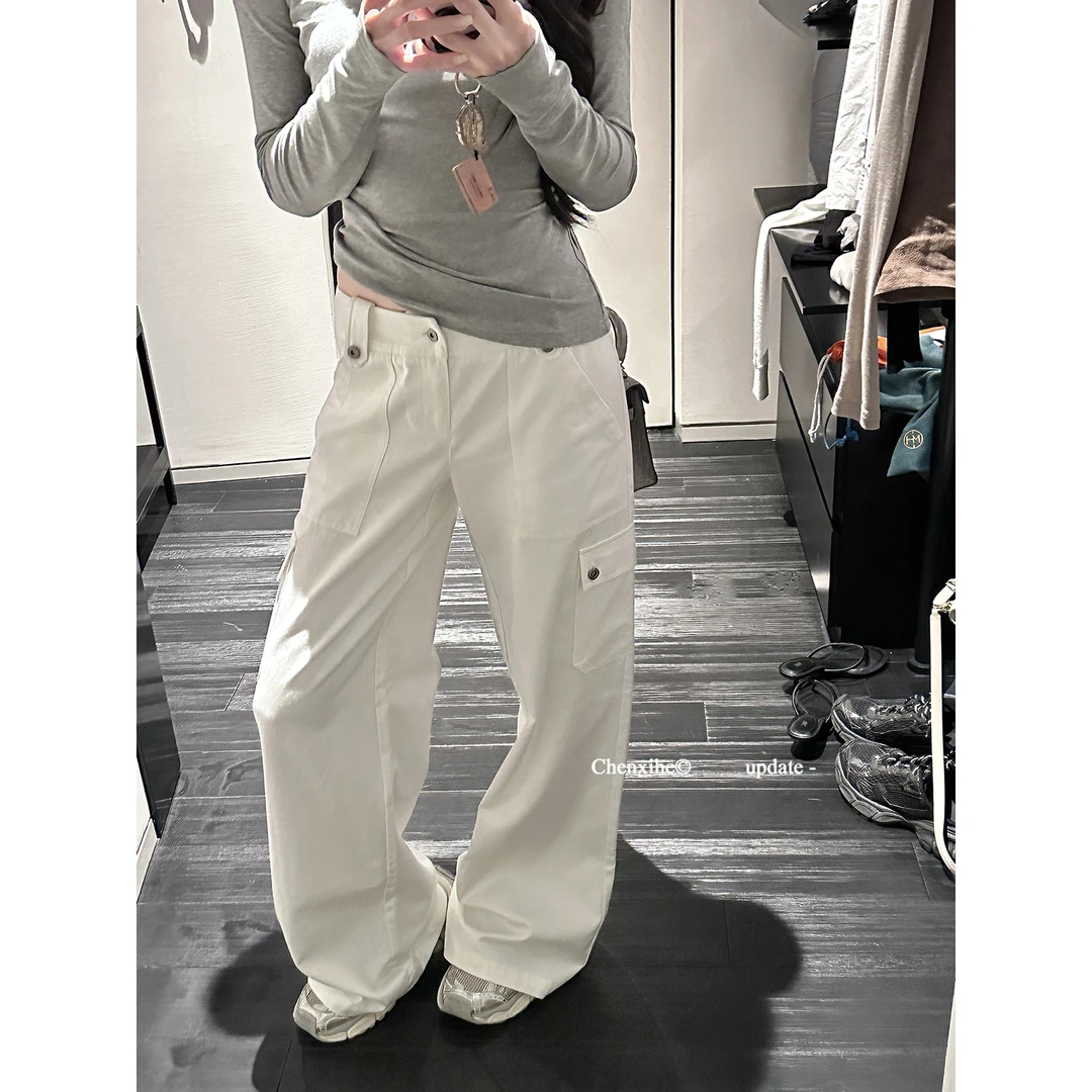 何晨曦 天丝棉混纺秋宽松阔腿裤白色休闲慵懒感直筒工装裤 T1047K