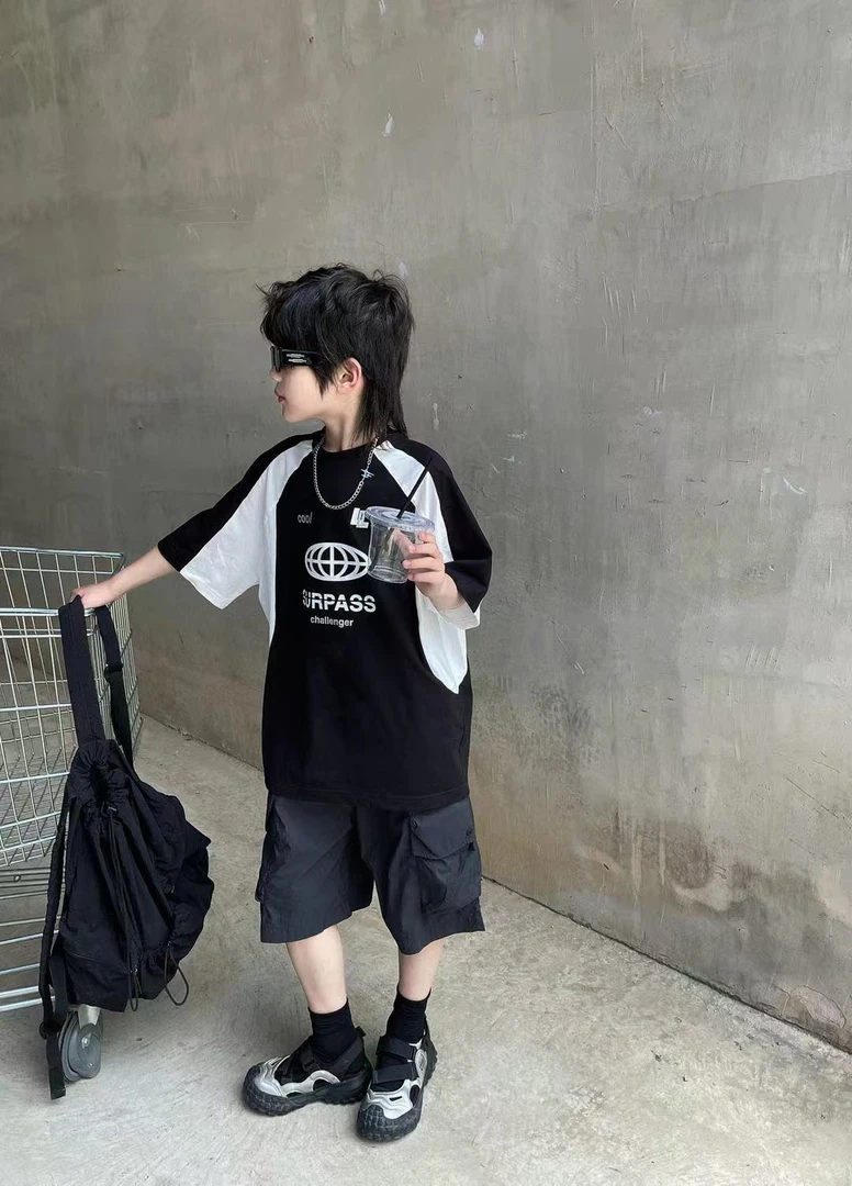 B类吸汗短袖夏季百搭女男圆领T恤男童印花黑色新中式