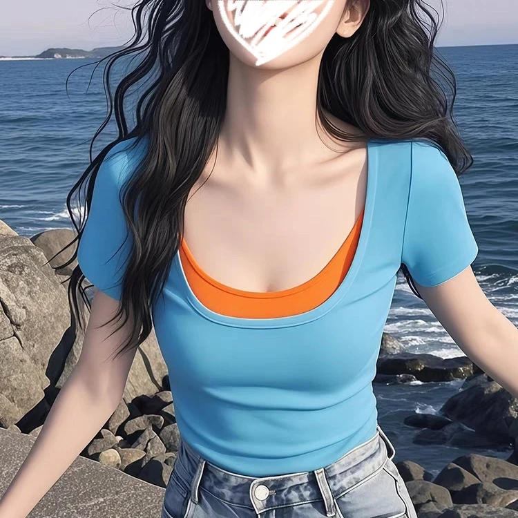 艺等YIDENG短袖t恤女2025新款夏季爆款超火独特漂亮设计方领上衣