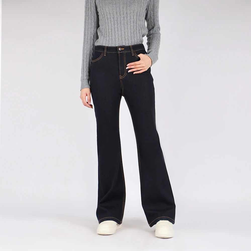 女士冬季加绒复古高腰显瘦喇叭牛仔裤女拖地长裤舒适百搭MA074-2