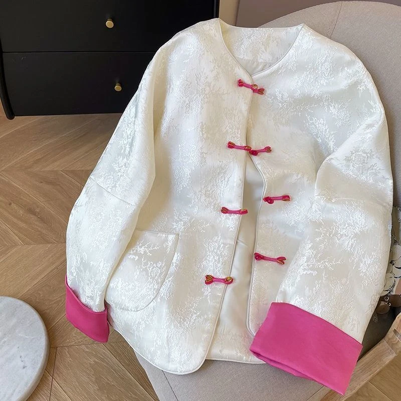 9554新中式提花圆领拼接长袖外套女秋季新款国风别致显瘦上衣