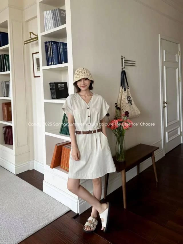 7387 糖果~韩系V领带腰带连衣裙