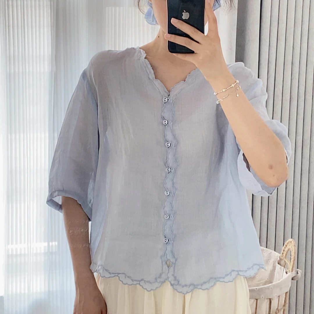 小柒家088-春夏季纯色薄款文艺休闲单排扣描边刺绣纯苎麻衬衫