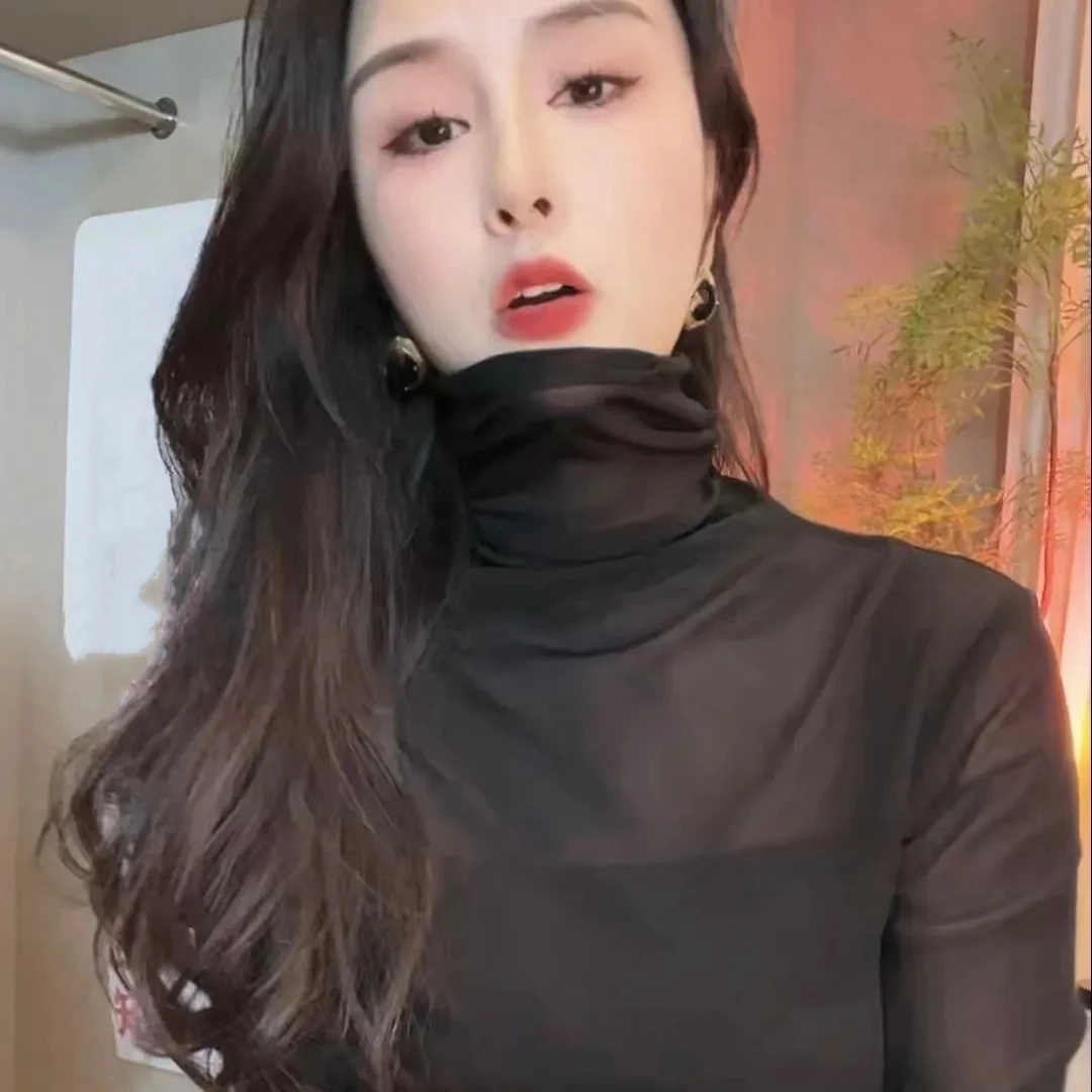 高领网纱黑色显瘦打底衫女2025秋冬新款内搭修身长袖T恤上衣