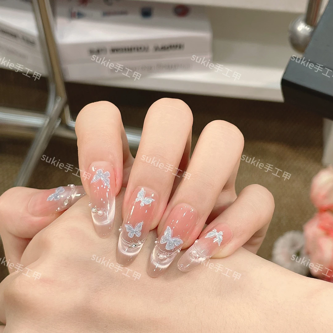 【冰蝶入夏】轻奢显白纯手工穿戴甲光疗冰透渐变纯欲四季流行10片装