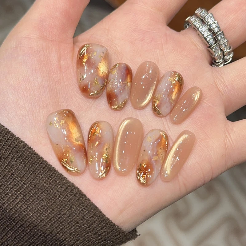 【黄昏疏影】琥珀晕染猫眼ins风纯手工穿戴甲显白美甲贴片假指甲