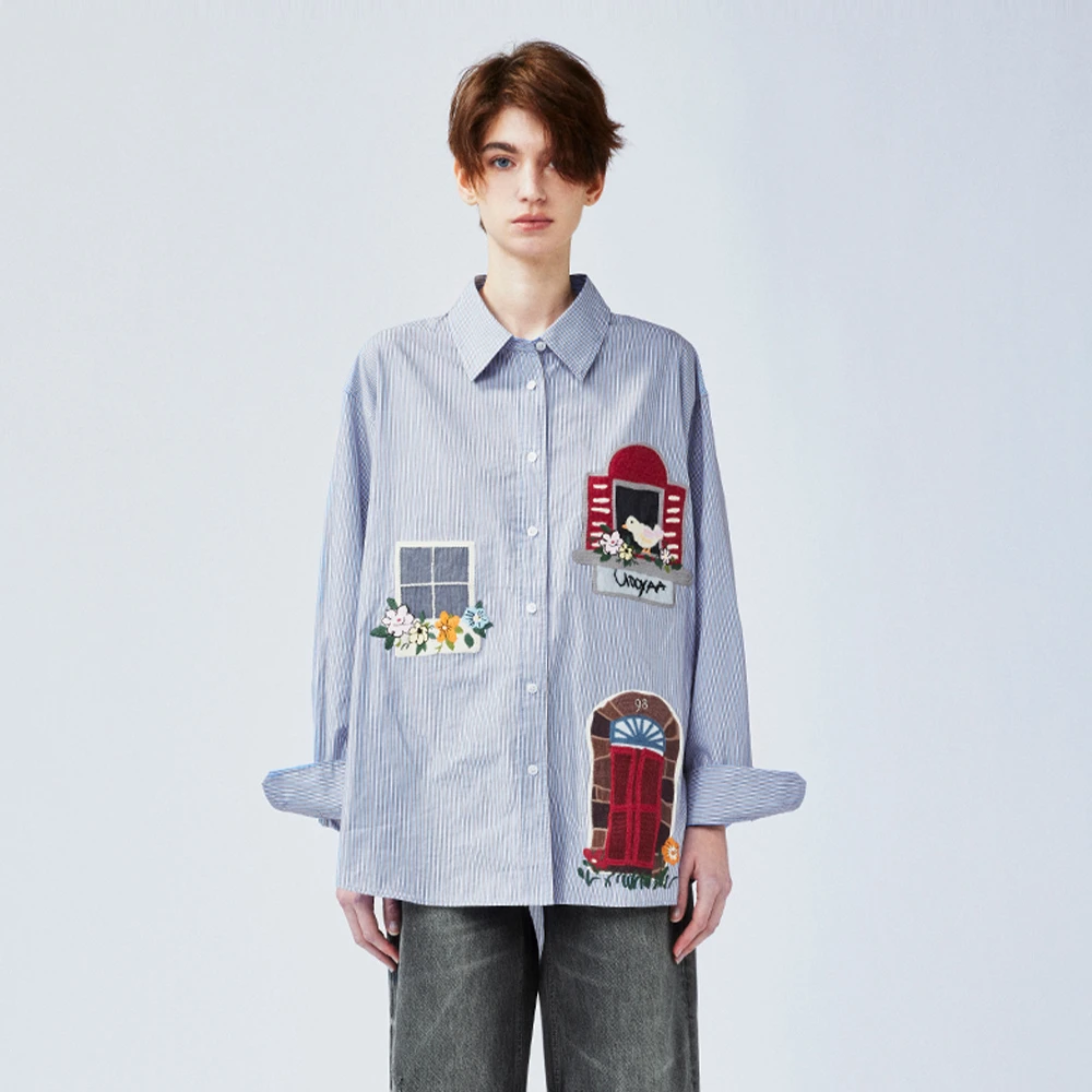 UOOYAA/乌丫2025春季新款「我爱我家」趣味房子钩针刺绣衬衫 4201