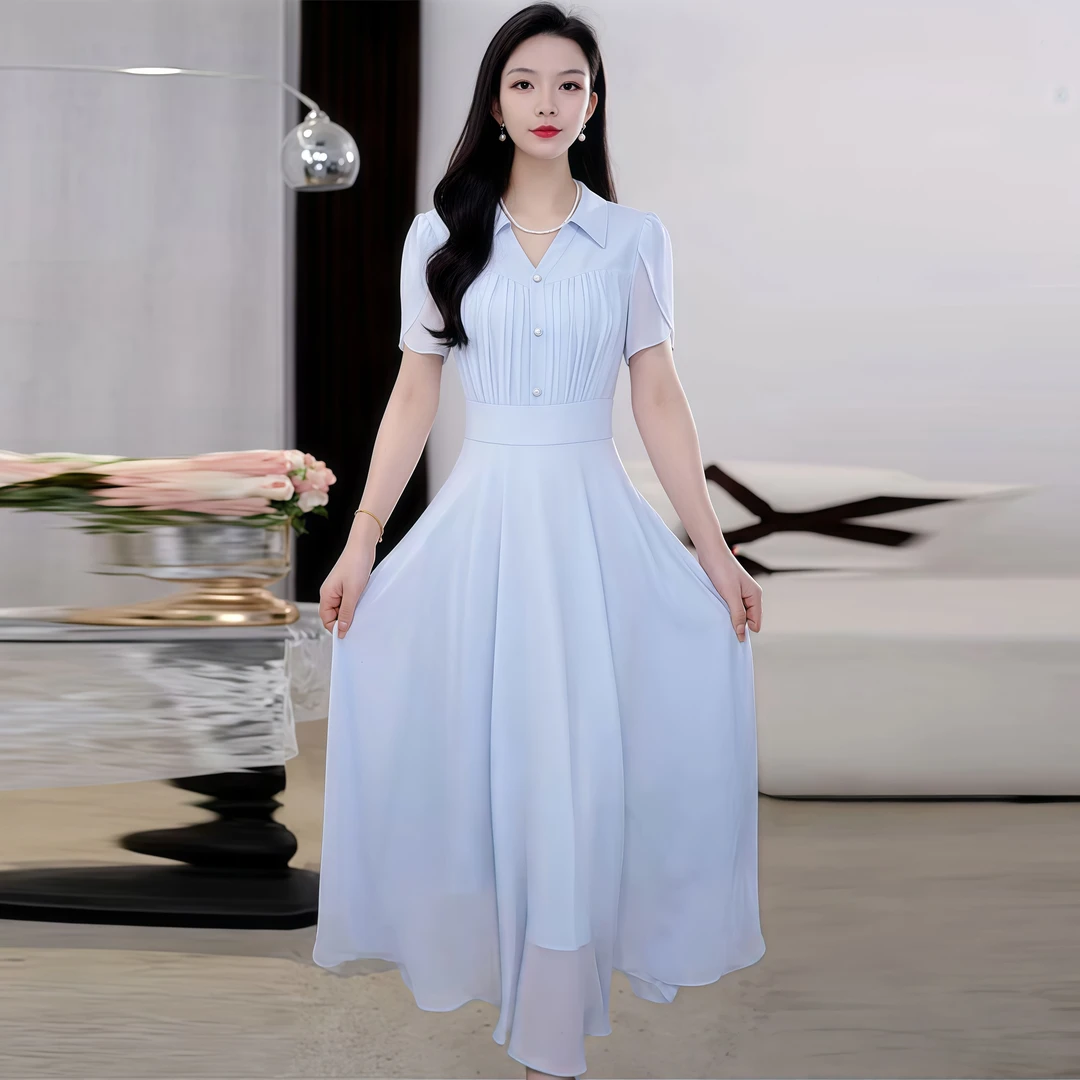 时尚洋气蓝色中长款裙子2025夏季新款五一外出游玩修身显瘦连衣裙