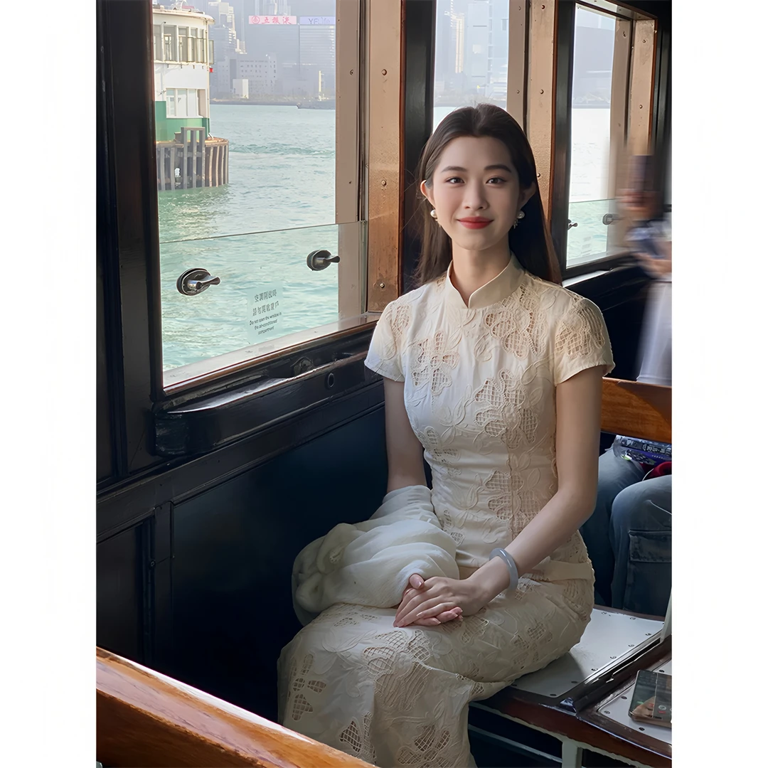 凌茜【闭月】新中式中国风蕾丝提花拼接改良修身收腰优雅旗袍连衣裙