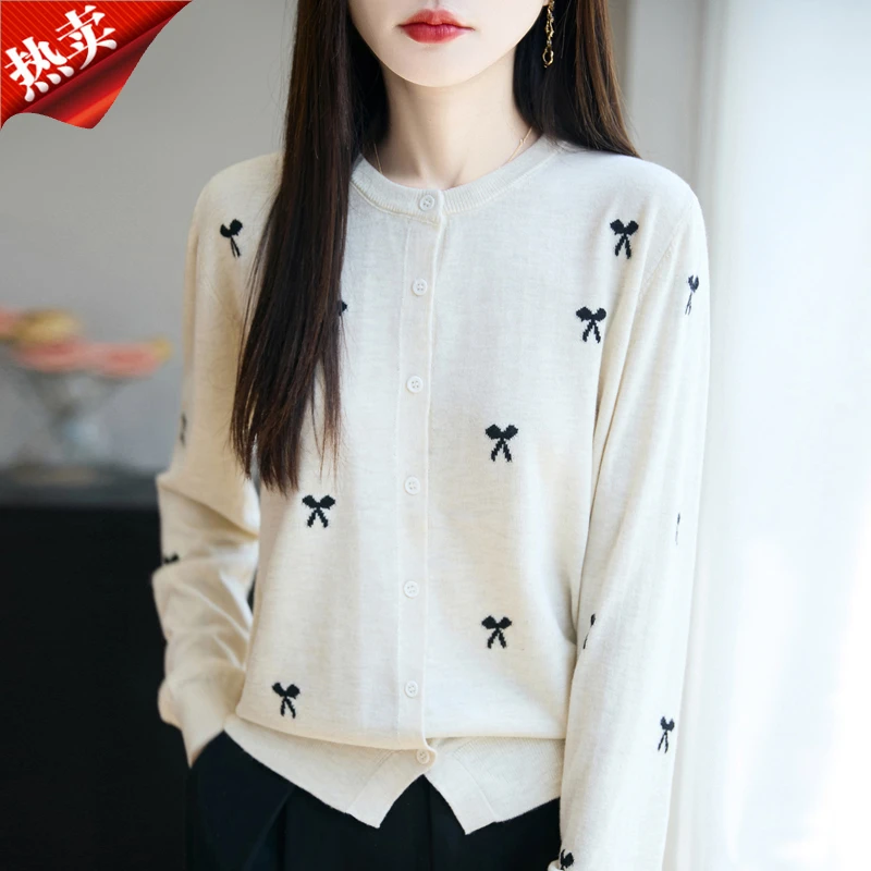 时尚品牌正品早秋蝴蝶结刺绣针织开衫圆领长袖上衣时尚外搭薄款