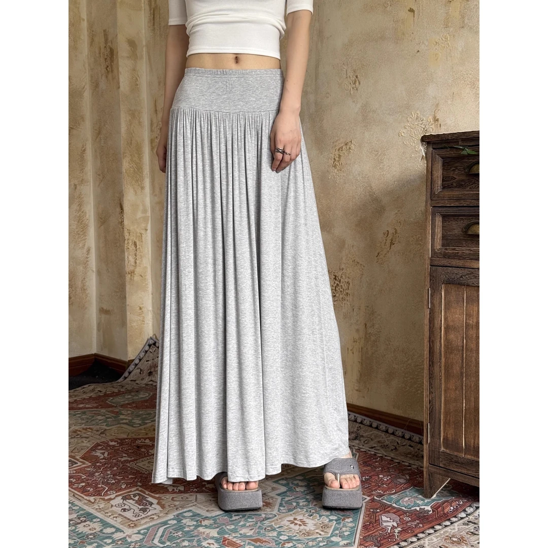 VintageTang复古简约松紧腰垂感大摆半身裙气质显瘦长裙壕呐F0414