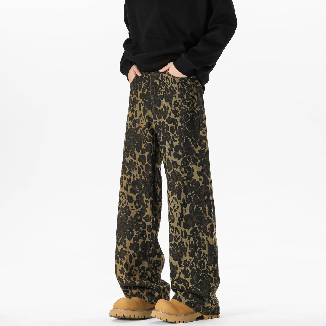 美式豹纹水洗迷彩休闲百搭垂感拖地显高显瘦微喇牛仔裤 男女同款