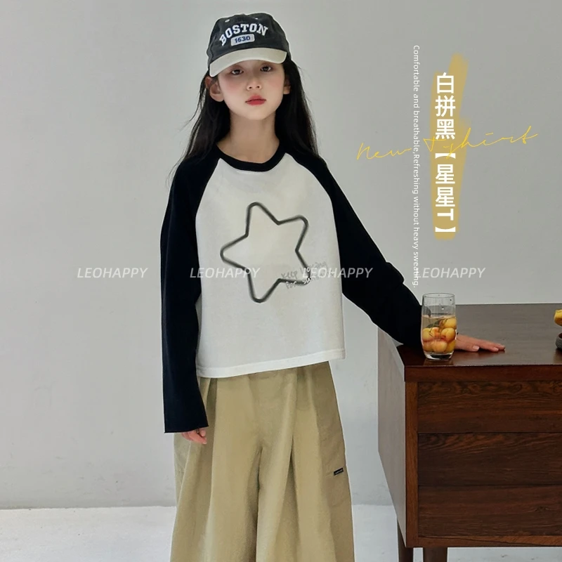 【星星T】华棉插肩袖短款黑白撞色大星星印花长袖T恤