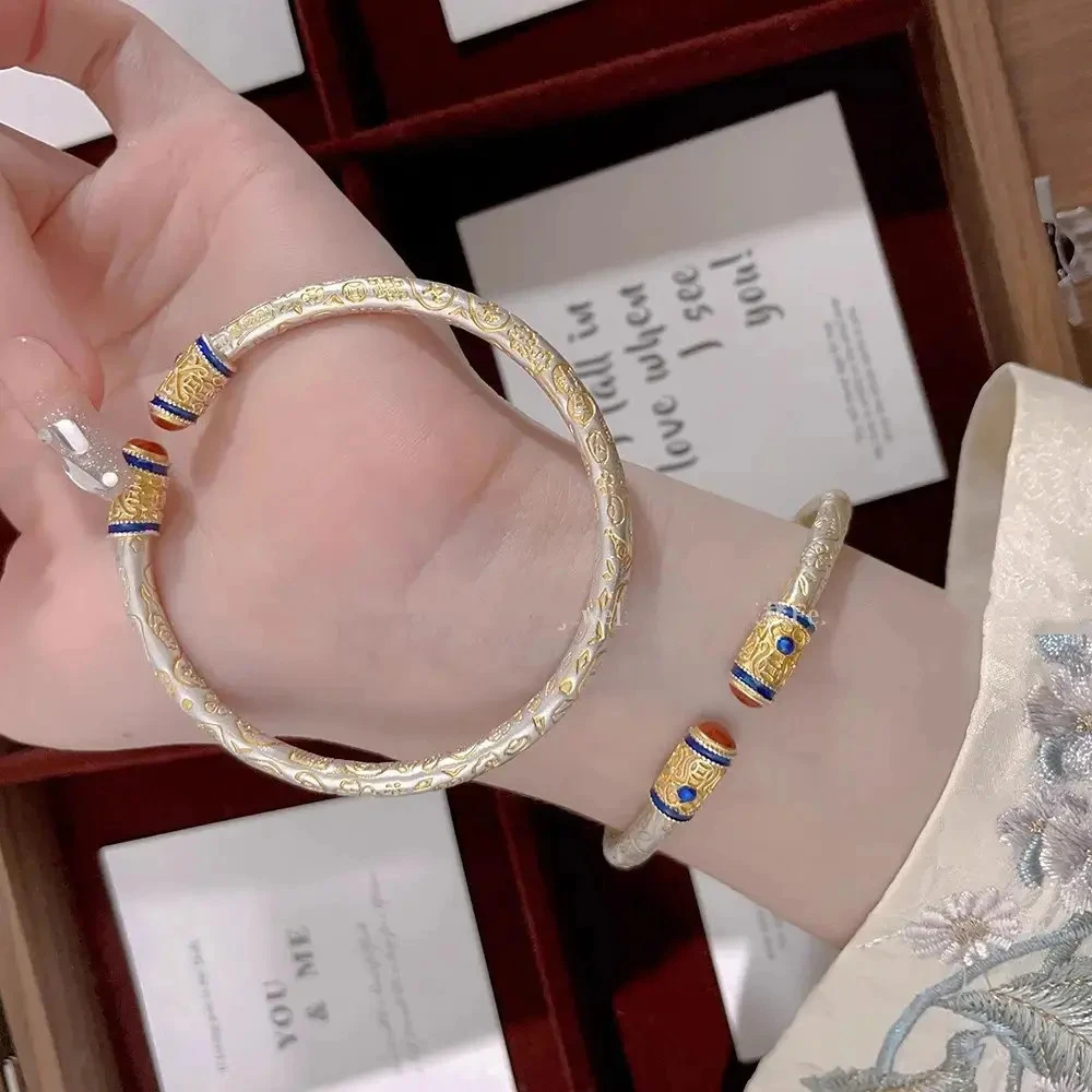 鸿运吉言银手镯999珐琅彩开口实心镯子时尚轻奢生日情人节礼物