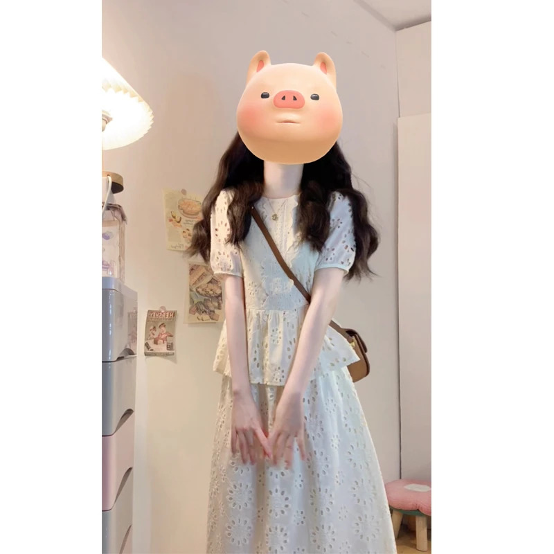 大码胖MM欧若风韩系太阳花短袖上衣镂空半裙时尚气质减龄两件套