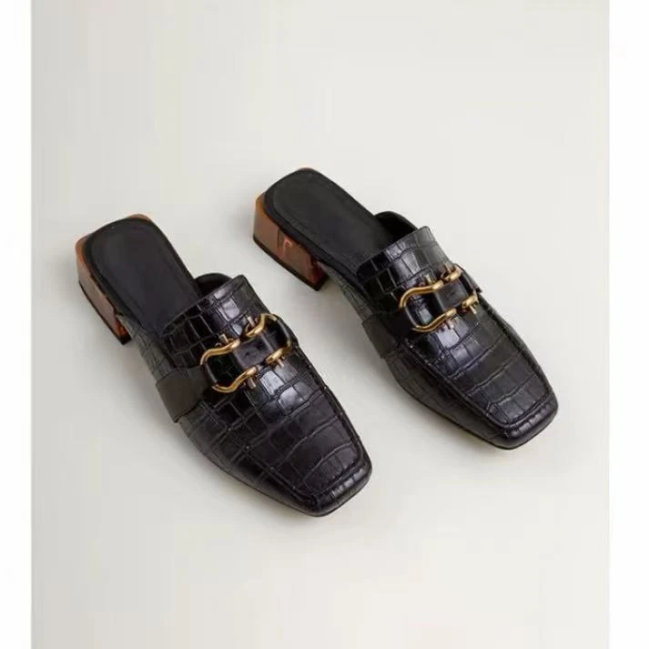 C6015 黑色  低跟包头拖鞋女2025新款时尚凉拖鞋