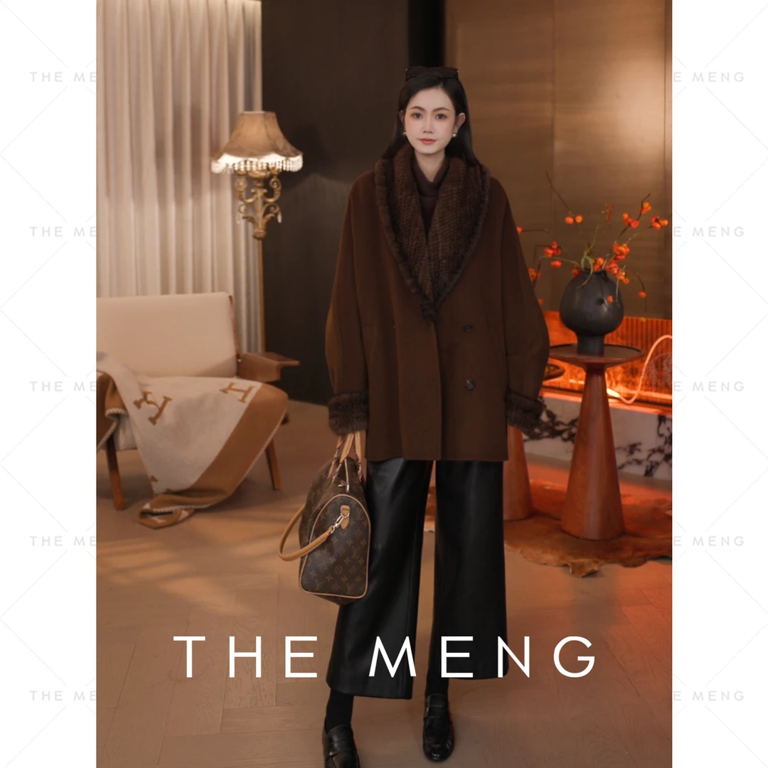 THE MENG【焦糖可可】山羊绒美丽诺羊毛水貂毛毛呢大衣#M253K1519