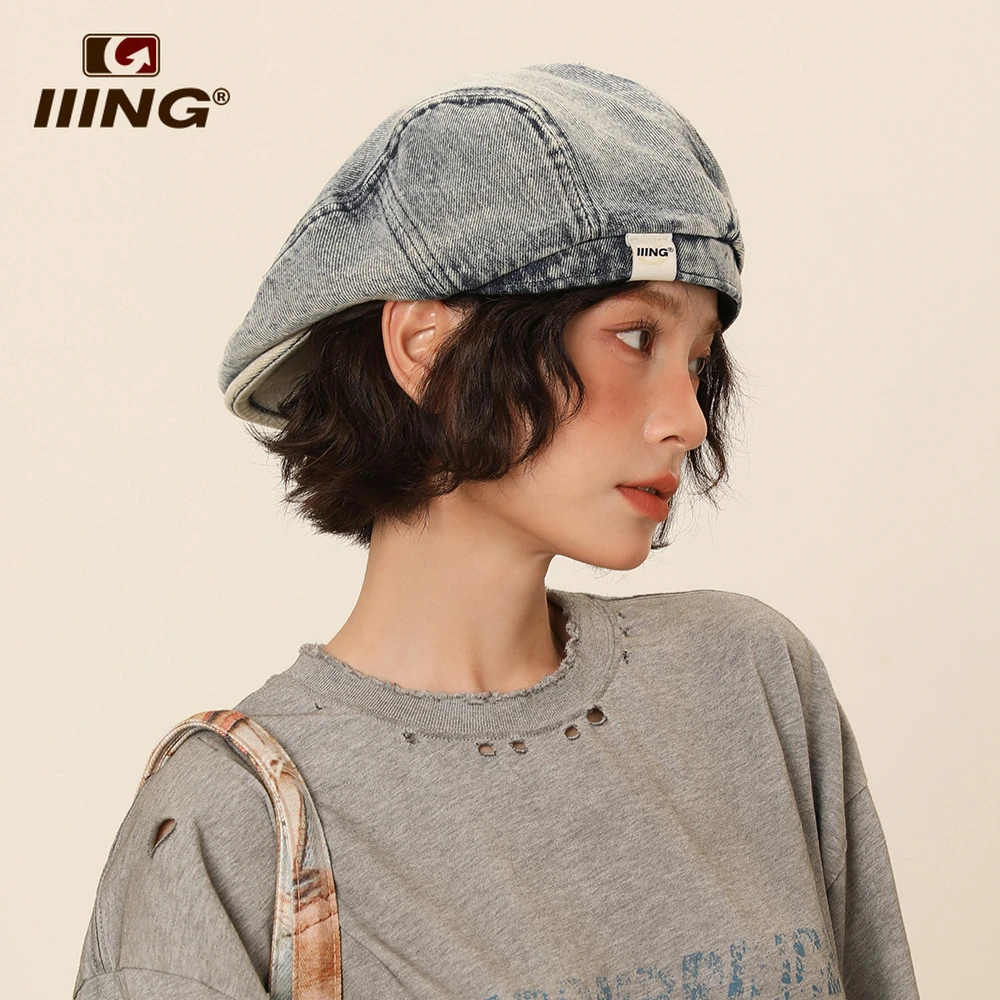 IIING帽控 复古牛仔贝雷帽女夏百搭户外大头围显脸小前进帽子