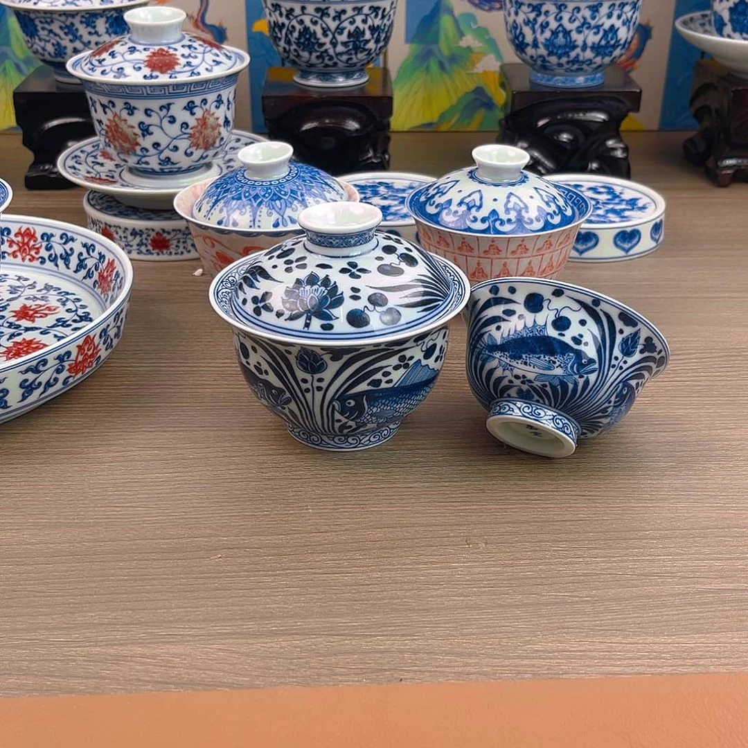 糖*鱼藻纹仿元盖碗加压手