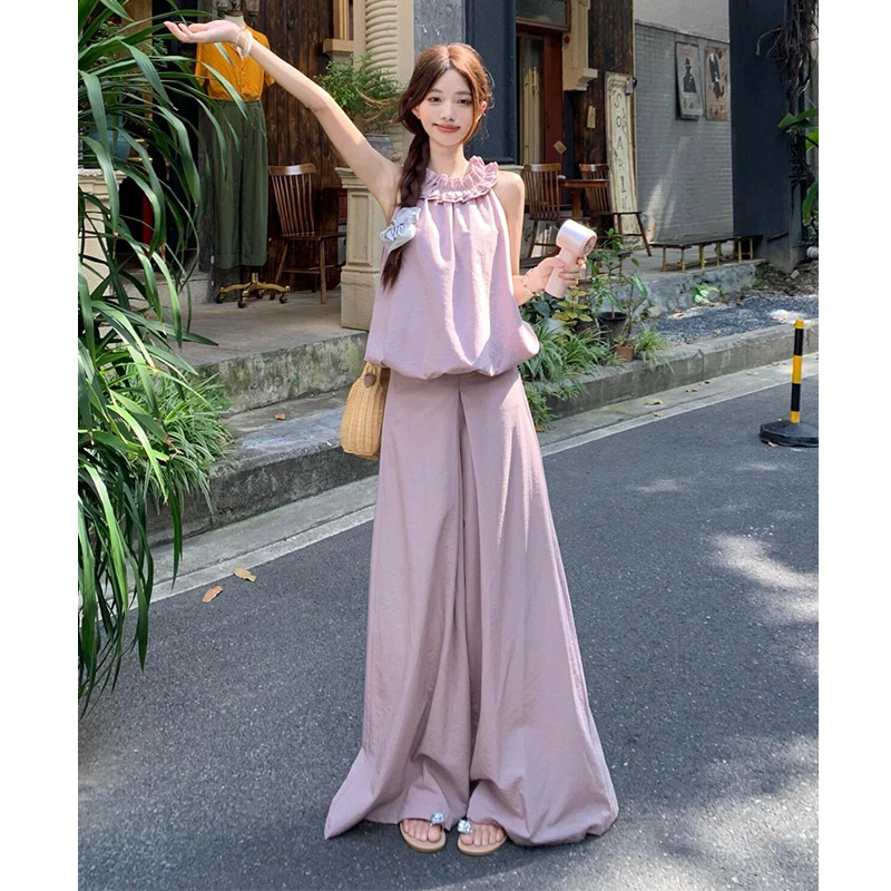 法式紫色时尚套装女无袖圆领花苞背心搭高腰垂直显瘦阔腿休闲裤子