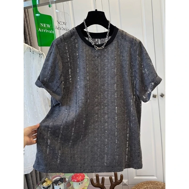 胖妹妹240斤灰色破洞镂空t恤女短袖2025夏季新款宽松时尚薄款上衣