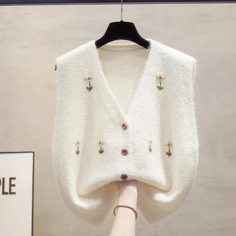 手工绣花开衫v领针织马甲背心女春秋季新款宽松外穿马夹毛衣坎肩