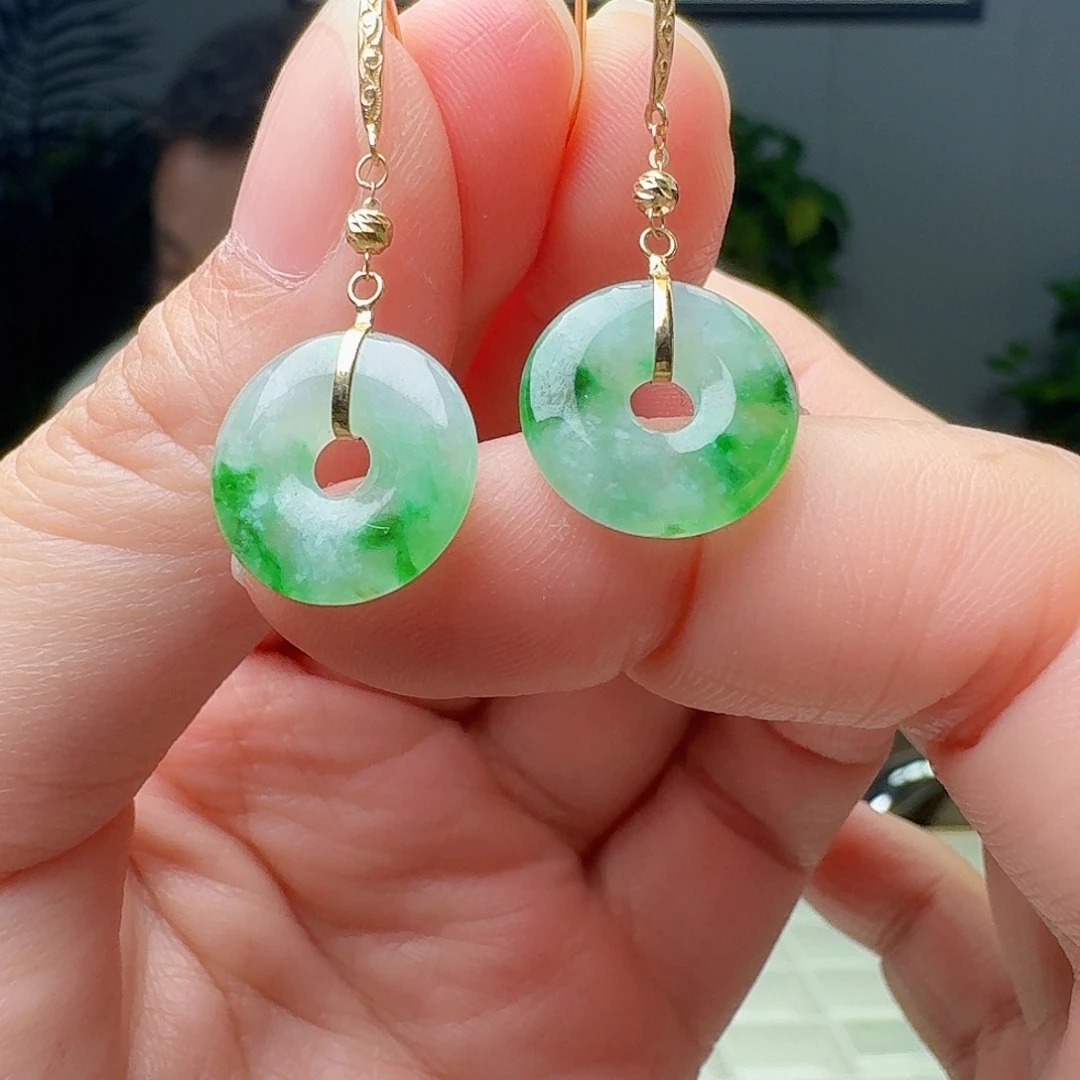 翡翠18K金镶嵌耳饰天然