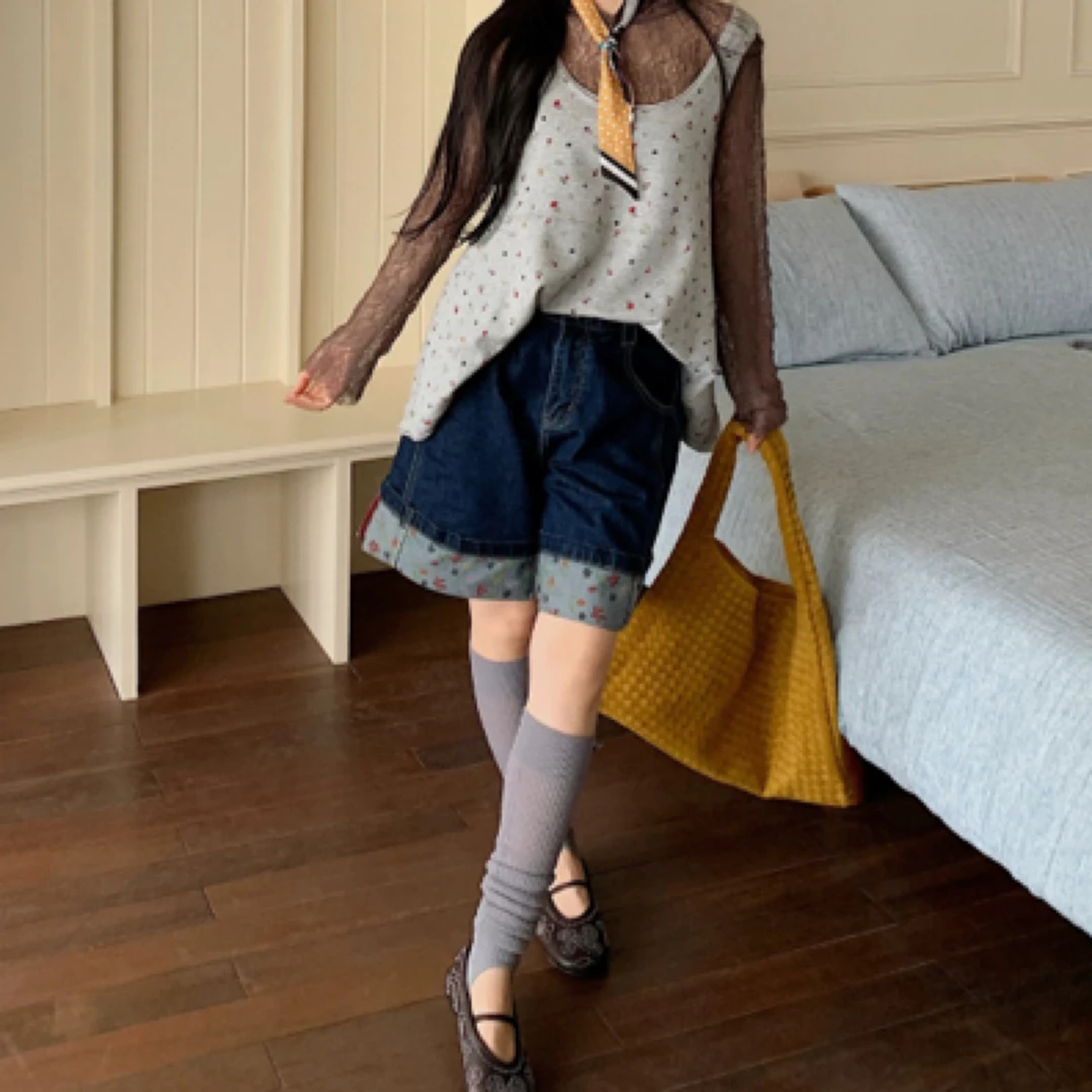 [新品]ASYUS设计师品牌25早秋碎花拼接牛仔短裤fn217