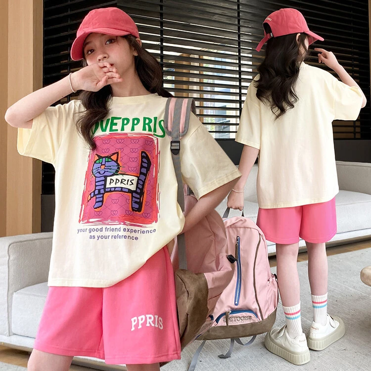 女童套装夏欧货大码t恤夏季新款宽松百搭猫咪印花儿童两件套