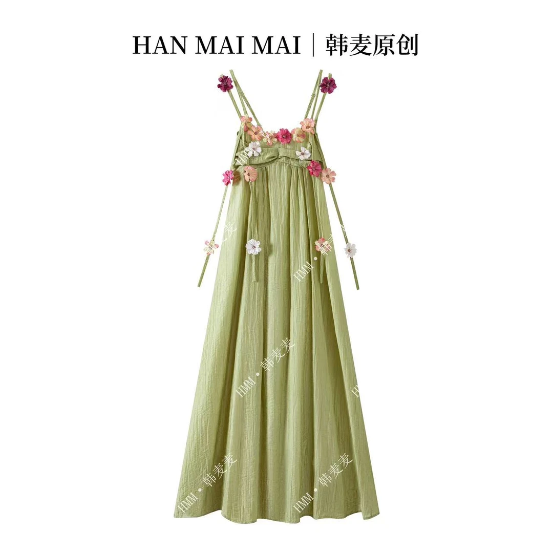 度假吊带立体连衣裙花朵2025夏季新款海边气质法式长裙子/D166