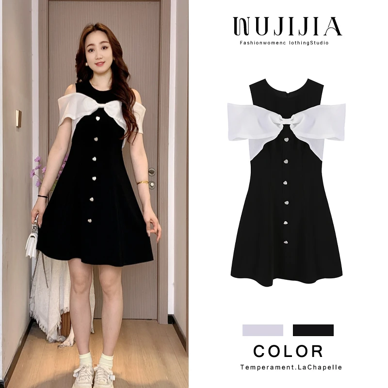 夏季新款法式减龄设计感黑色赫本风气质假两件连衣裙ZL93195