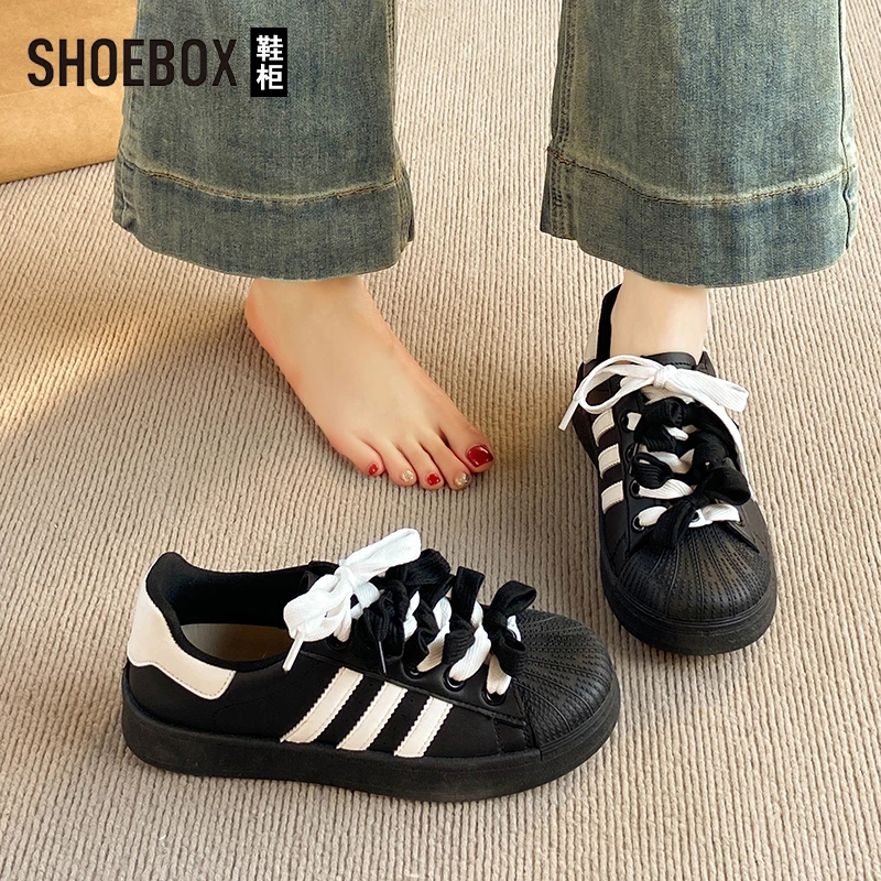 SHOEBOX鞋柜黑色贝壳头板鞋女2025秋季新款厚底运动百搭休闲鞋
