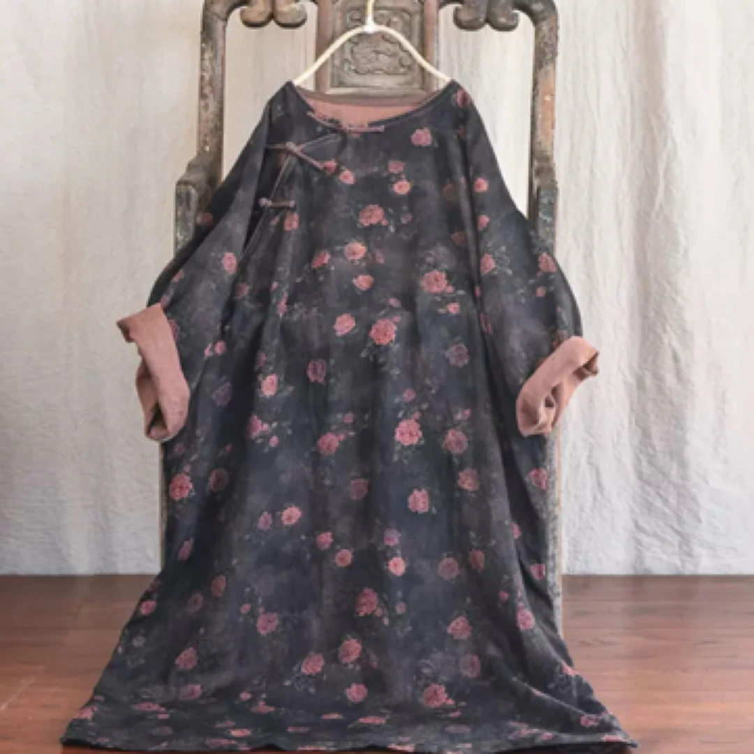 七沫/春秋款亚麻印花工艺宽松盘扣长袍宽松碎花连衣裙