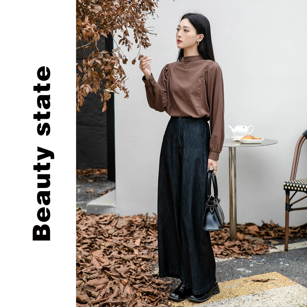 YANJING/颜境气质衬衣长袖百搭复古宽松圆领秋季时尚衬衫88AW9019