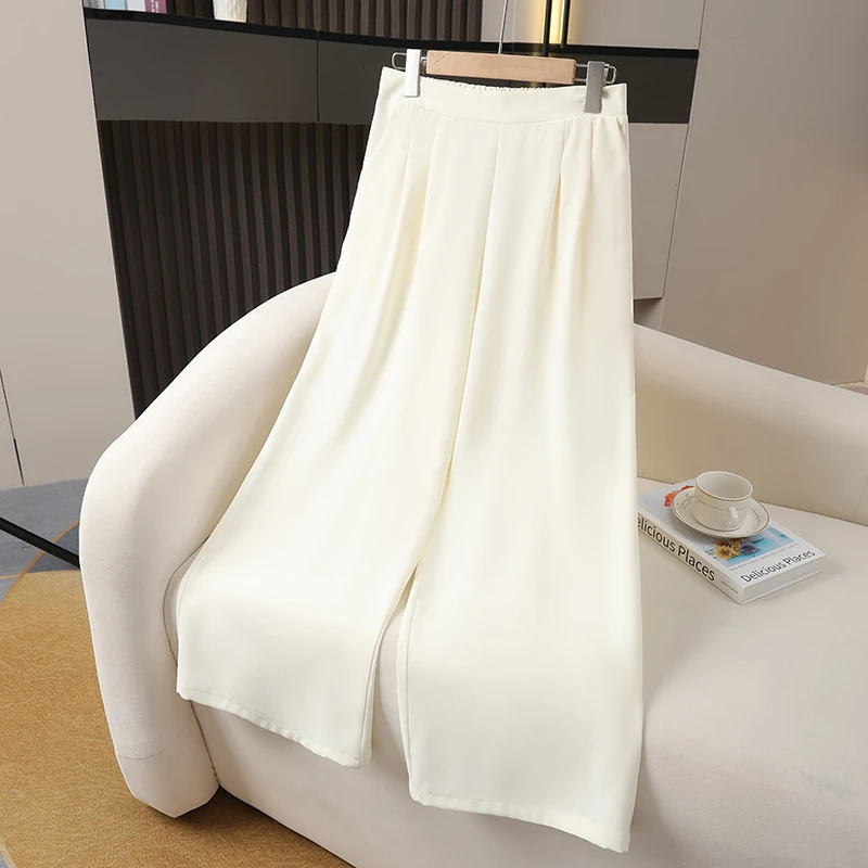 妈妈夏季白色阔腿裤高腰冰丝垂感裤松紧腰中老年女裤休闲九分裤子
