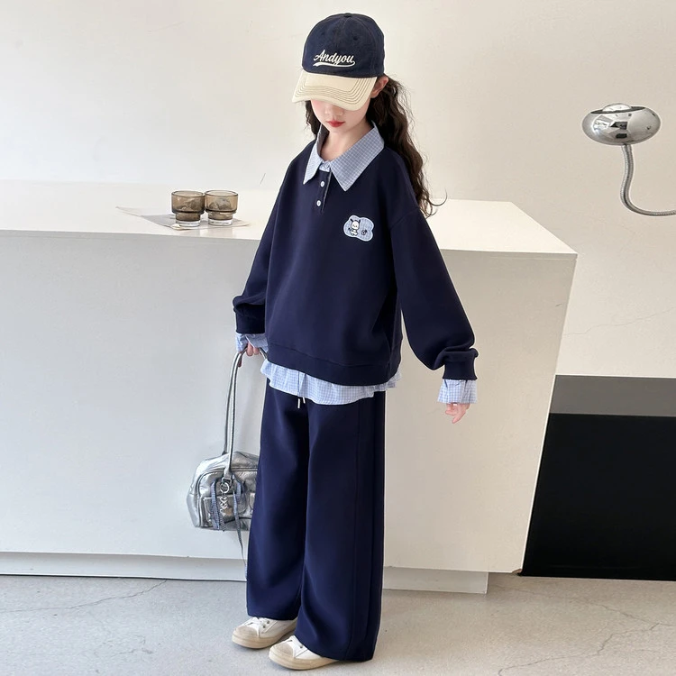 大童女孩衣服女童秋季套装2025新款爆款儿童卫衣阔腿裤格子假两件