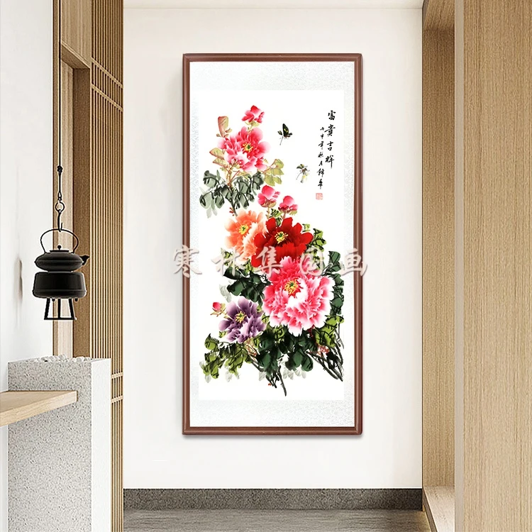 带框装裱 艺术微喷《牡丹》蝴蝶 竖版新中式国画装饰画 山水花鸟