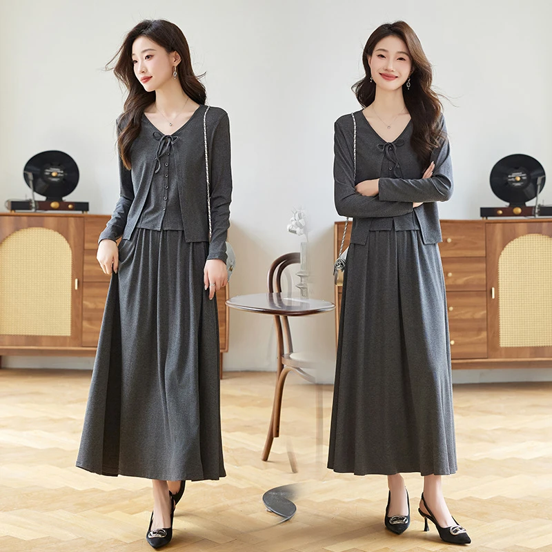 2025秋装新款套装针织时尚休闲长袖开衫吊带半身裙三件套长裙v领