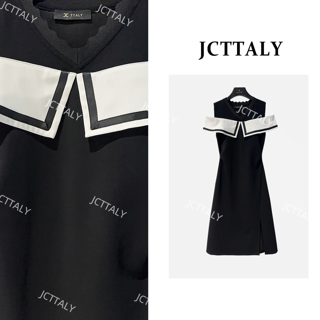 【宠粉价】法式小礼服露肩V领撞色开叉优雅夏新款连衣裙女JC-A4282