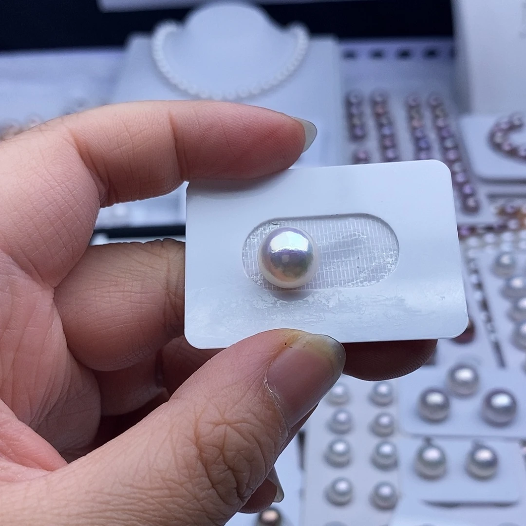 银S925镶嵌耳饰淡水珍珠10.9mm半孔直发